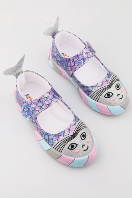 Unicorn Desenli Mor Kız Çocuk Babet Ayakkabı Cırt Bantlı