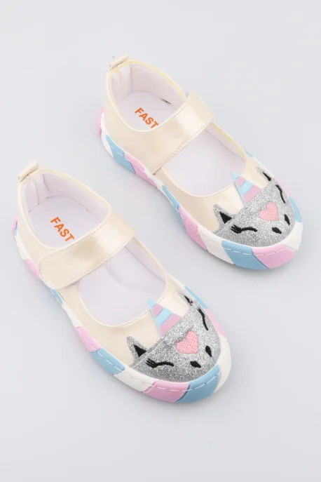 Unicorn Desenli Krem Kız Çocuk Babet Ayakkabı Cırt Bantlı